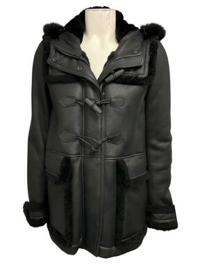 BURBERRY BRIT BLACK SHEARLING LINED LEATHER JACKET WITH FUR TRIMMED HOOD